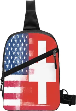 Half Switzerland Swiss Half American Flag Crossbody Bag Portable Sling Bags Foldable Chest Daypack Reusable Sports Shoulder Backpack Diagonally Casual Rucksack Travel Bag