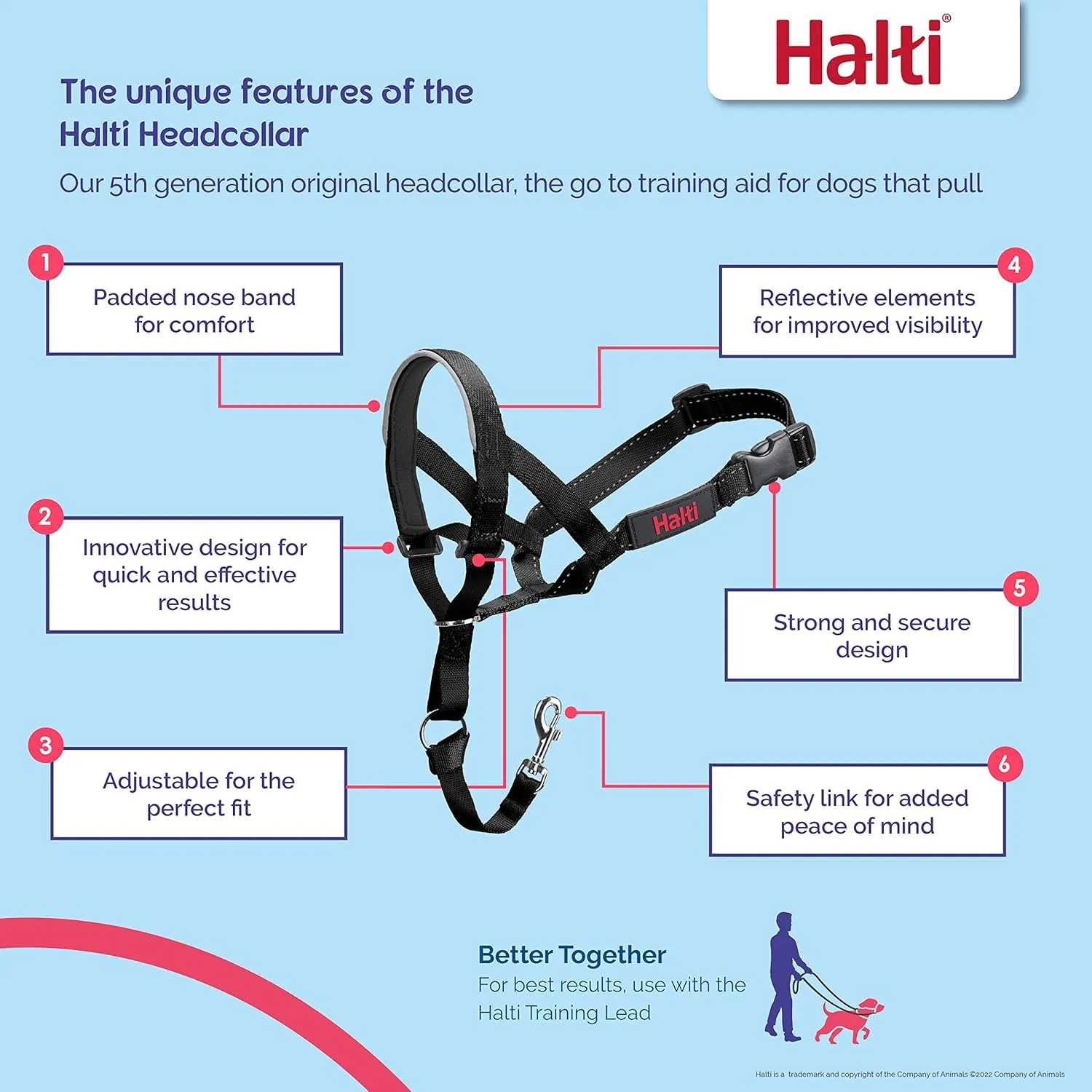 HALTI Headcollar Size 3, Black & HALTI Training Leash Size Large, Black Combination Pack - Stop Your Dog Pulling on the Leash. Adjustable, Lightweight with Padded Nose Band. Suitable for Medium Dogs