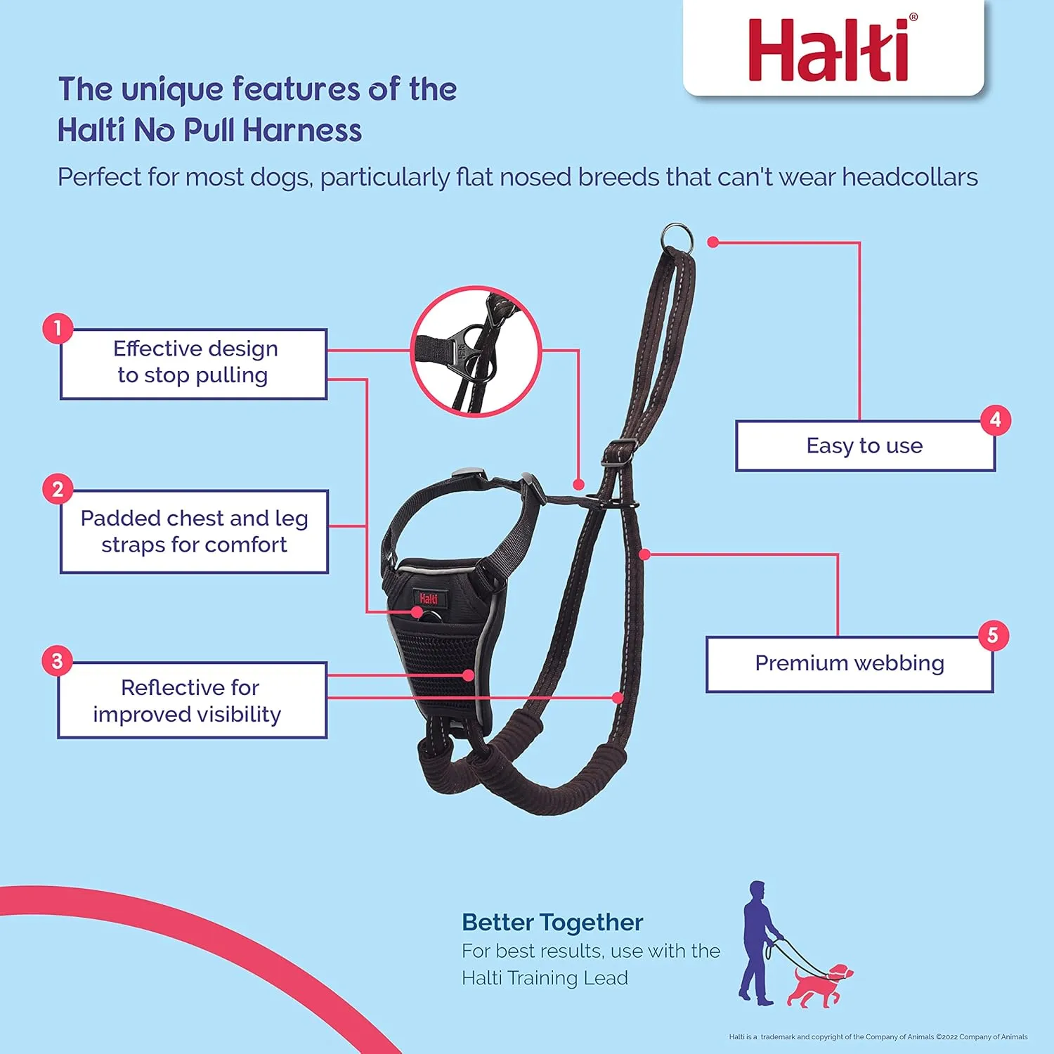 HALTI No Pull Harness Size Medium & HALTI Training Leash Size Large, Black Combination Pack - Stop Your Dog Pulling on The Leash. Adjustable, Lightweight and Easy to Use. Suitable for Medium Dogs