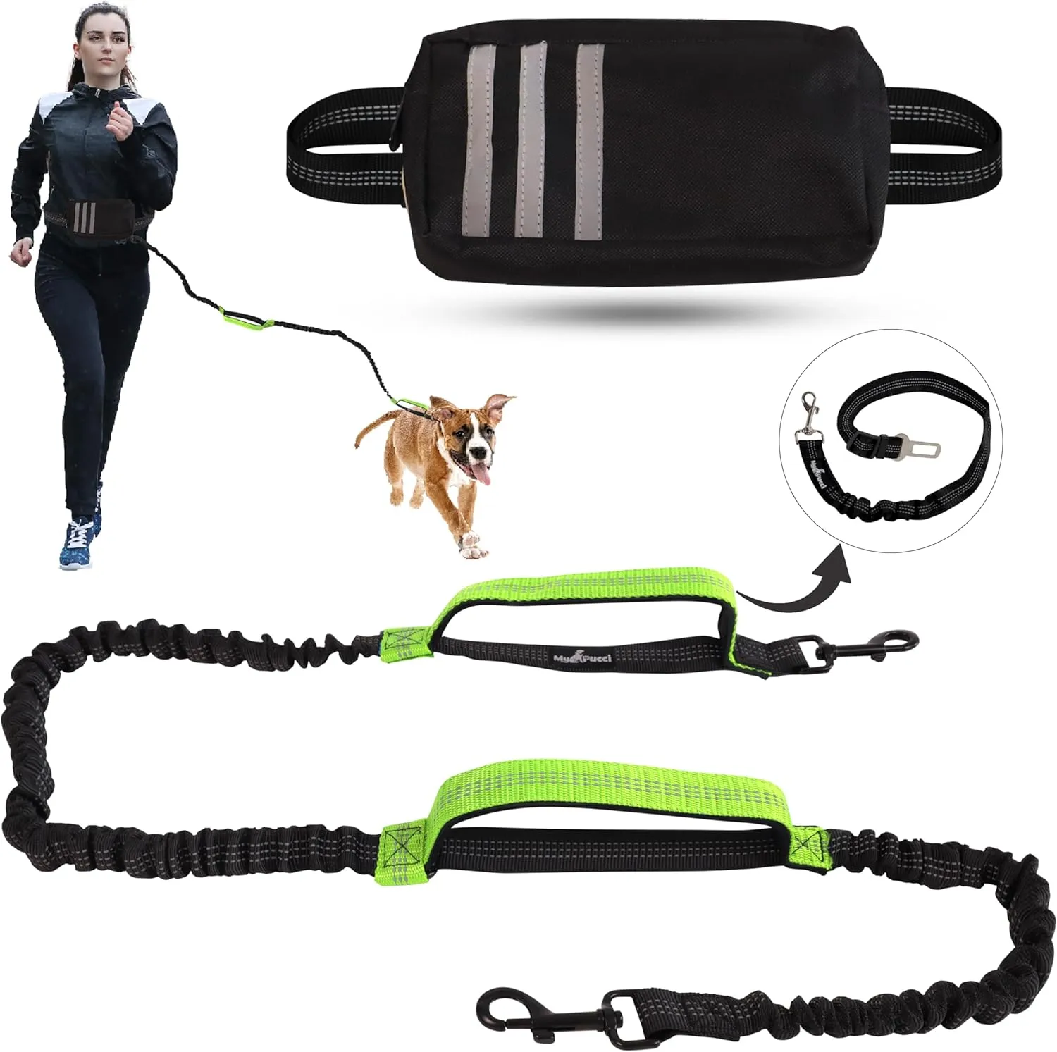 Hands Free Dog Leash with Waist Bag Fanny Pouch, Double Padded Handles, Adjustable Belt, Bungee Cord, Yellow