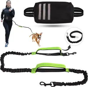 Hands Free Dog Leash with Waist Bag Fanny Pouch, Double Padded Handles, Adjustable Belt, Bungee Cord, Yellow