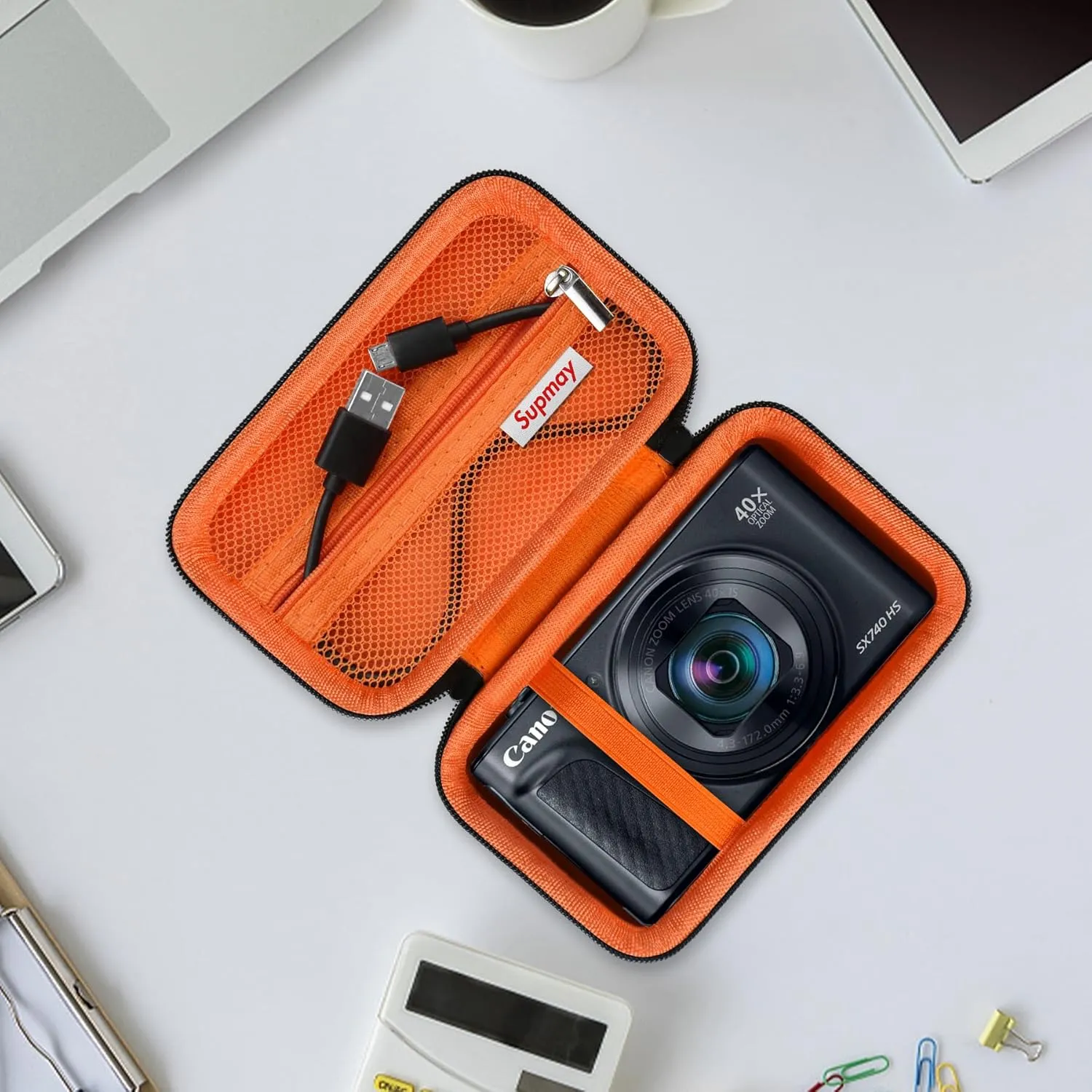 Hard Carrying Case for Canon PowerShot SX740/ SX730/ SX720/ SX620/ G7X Digital Camera, Protective Storage Bag with Zipper Mesh Pocket for Battery Pack, Charging Cable, USB Card, Black Orange