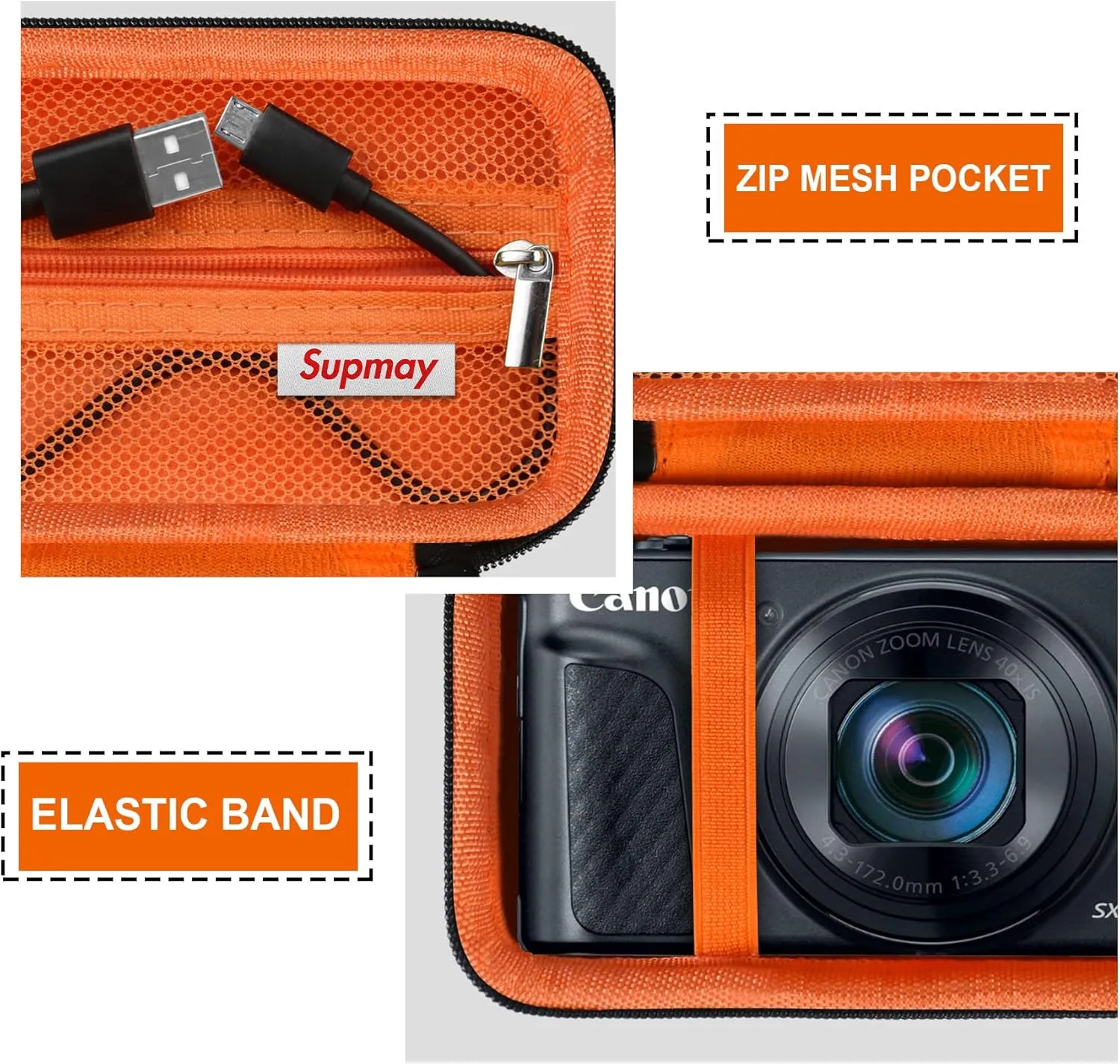 Hard Carrying Case for Canon PowerShot SX740/ SX730/ SX720/ SX620/ G7X Digital Camera, Protective Storage Bag with Zipper Mesh Pocket for Battery Pack, Charging Cable, USB Card, Black Orange