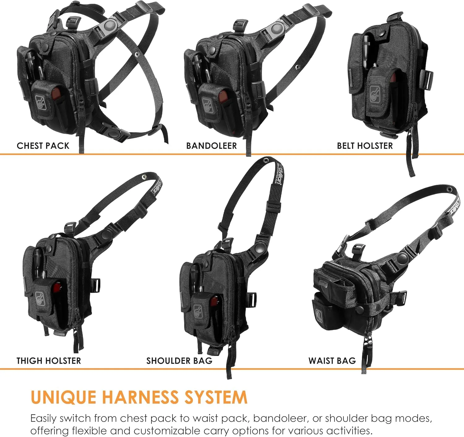 Hazard 4 Covert RG Multi-Configuration Small Pack System - Escape Chest Pack, Loader Chest Pack, Covert Anatomic RG Padded Deluxe Shoulder Harness - Tool Kit, Camera, Cycling, Flashlight - Black