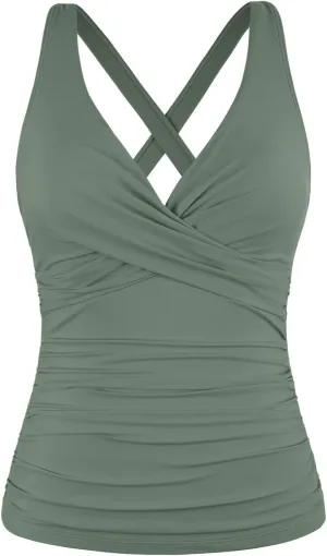 Hilor Women's Underwire Tankini Top Tummy Control Bathing Suits Sexy V Neck Crossover Swim Top Only
