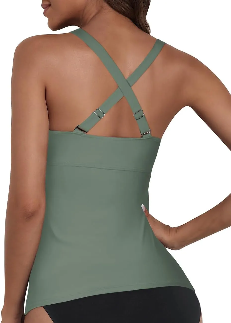 Hilor Women's Underwire Tankini Top Tummy Control Bathing Suits Sexy V Neck Crossover Swim Top Only