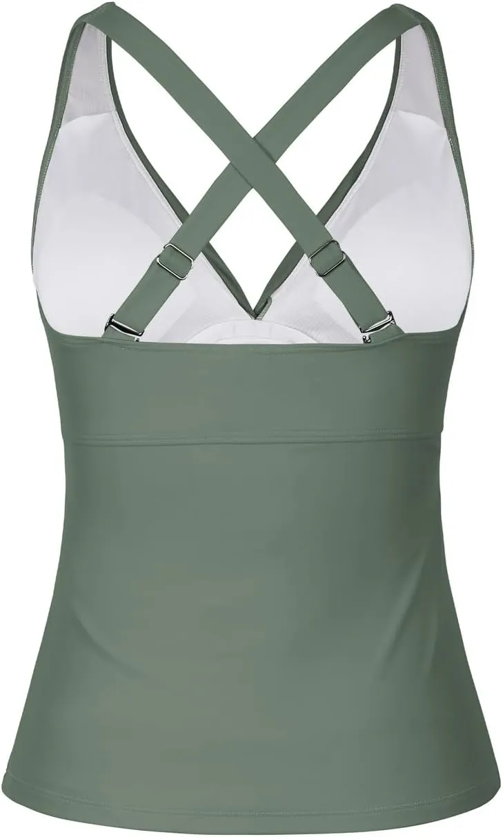 Hilor Women's Underwire Tankini Top Tummy Control Bathing Suits Sexy V Neck Crossover Swim Top Only