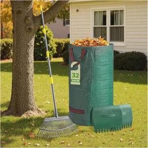 HIRALIY Rake for Leaves, 25 Tines 18 Inch Wide Metal Rake, 32 Gallon Leaf Bag and Leaf Scoop, 3-in-1 Garden Rakes Set for Yard Lawn Shrub Gardening Grass Clippings Bush Twigs Debris
