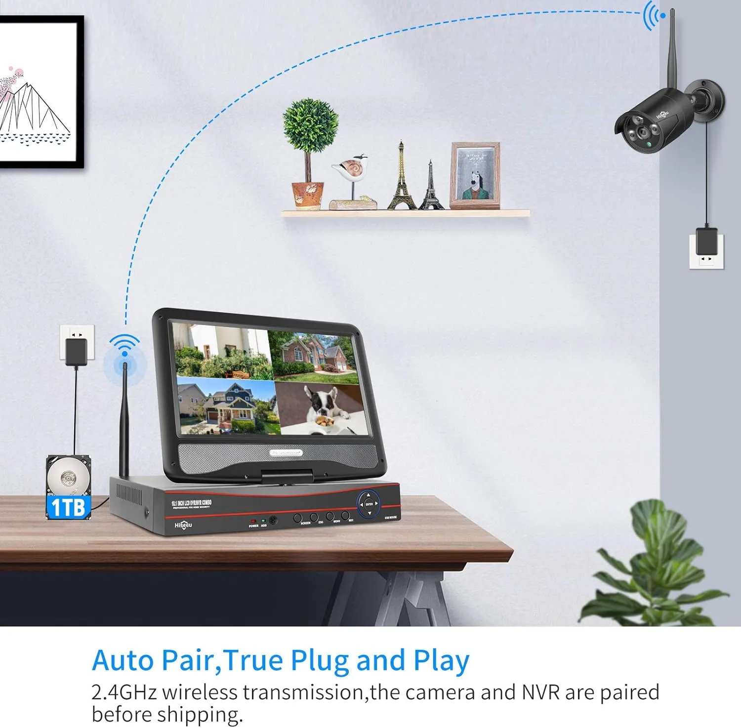 Hiseeu [16CH Expandable, 5MP] 2.4G/5G Wireless Pro Security Camera System, 10.1" LCD 8MP Monitor, 4Pcs 5MP Outdoor Indoor Cameras, One-Way Audio, Plug & Play, Waterproof, Motion Detection, 1TB HDD