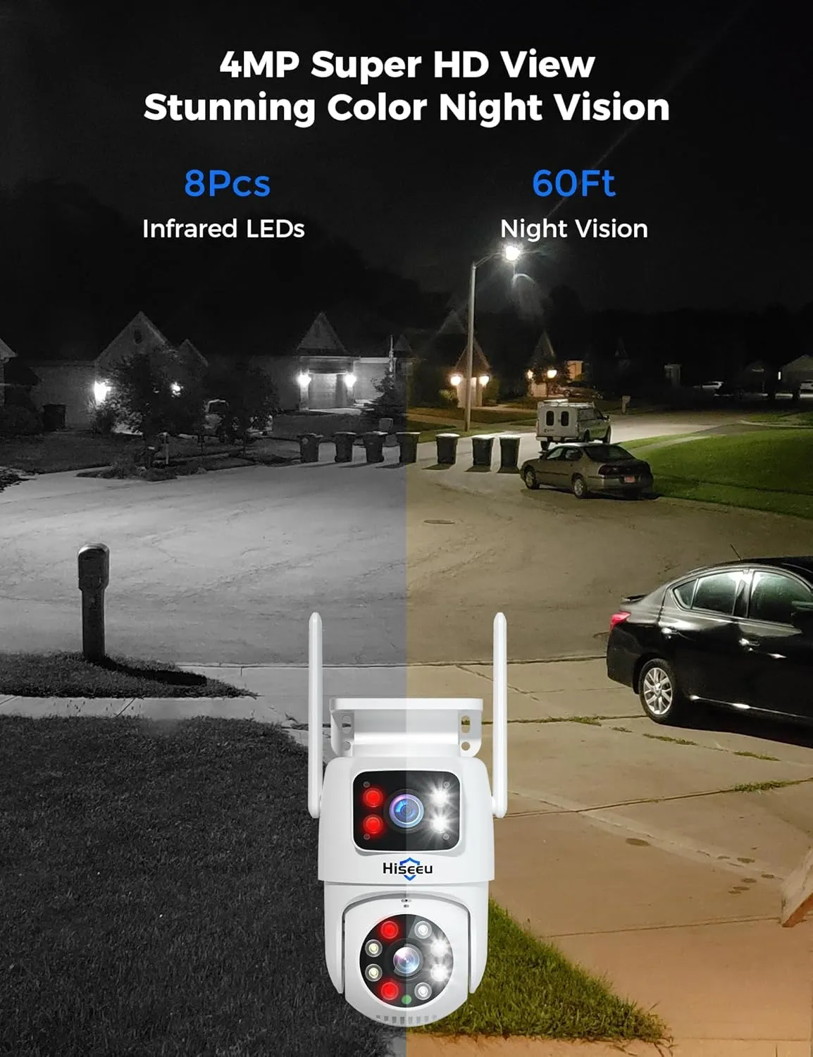 Hiseeu Wireless Security Camera System [WiFi-Pro&Power Supply] 4 Cam-Kit,Dual Lens,No Subscription,Security Cameras Outdoor with 360° Pan & Tilt, Auto Tracking,Color Night Vision,5G&2.4G WiFi,1TB