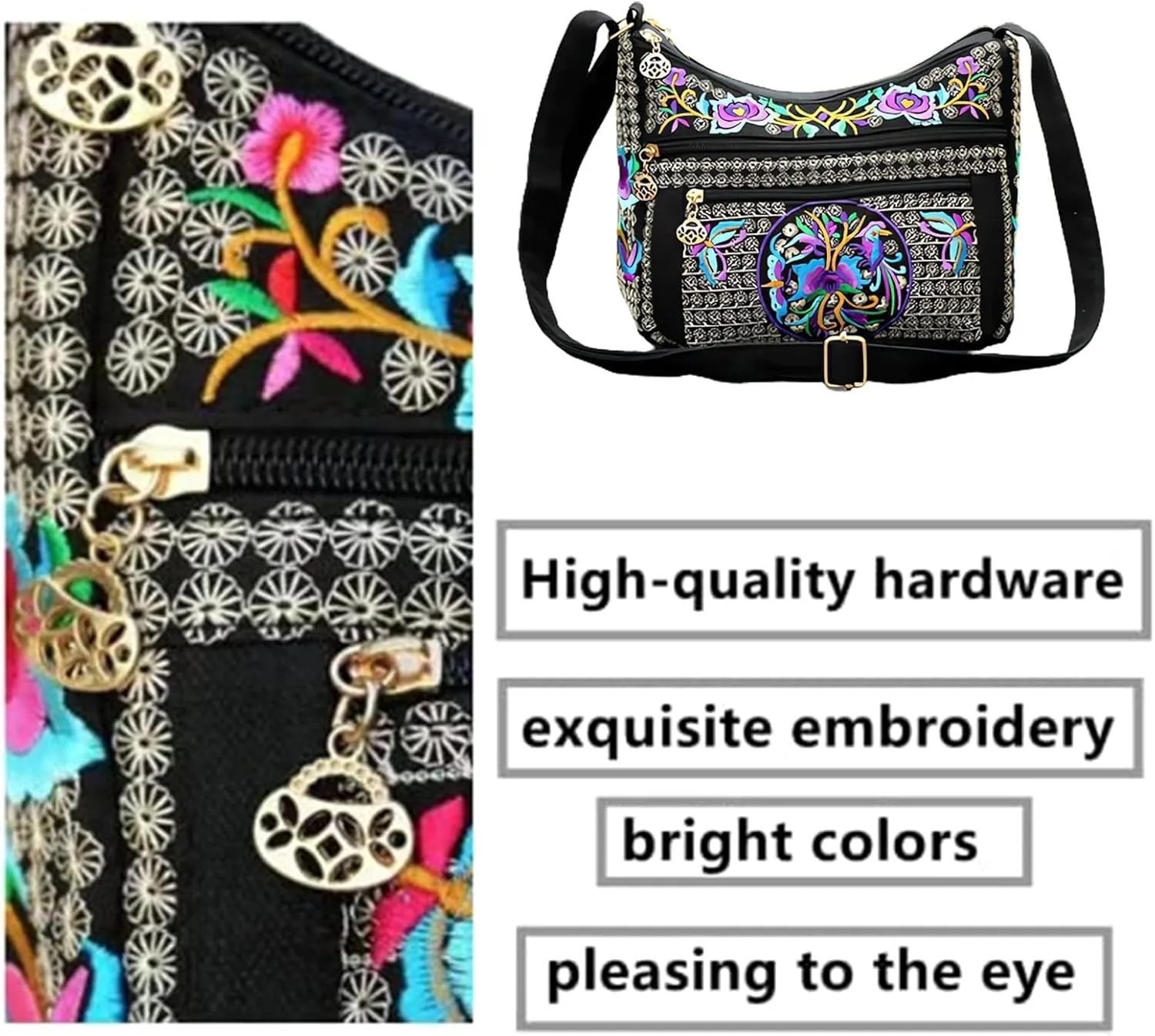 Hobo Crossbody Bag for women, Vintage Ethnic Tribal Embroidered Boho Hippie Tote Handbags Shoulder Purse