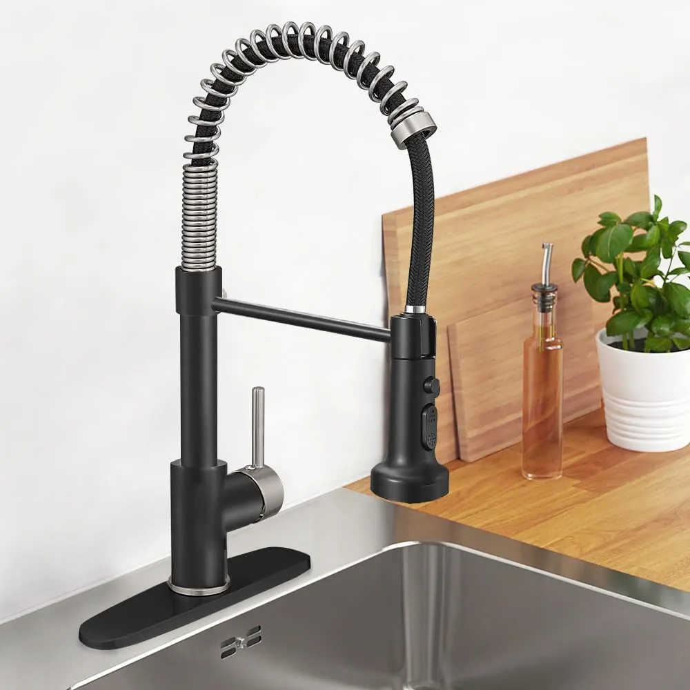 Hoimpro Matte Black&Brushed Nickel Spring Kitchen Faucet with Pull Down Sprayer, Rv Kitchen Sink Faucet with Pull Out Sprayer