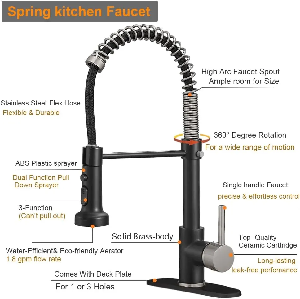 Hoimpro Matte Black&Brushed Nickel Spring Kitchen Faucet with Pull Down Sprayer, Rv Kitchen Sink Faucet with Pull Out Sprayer