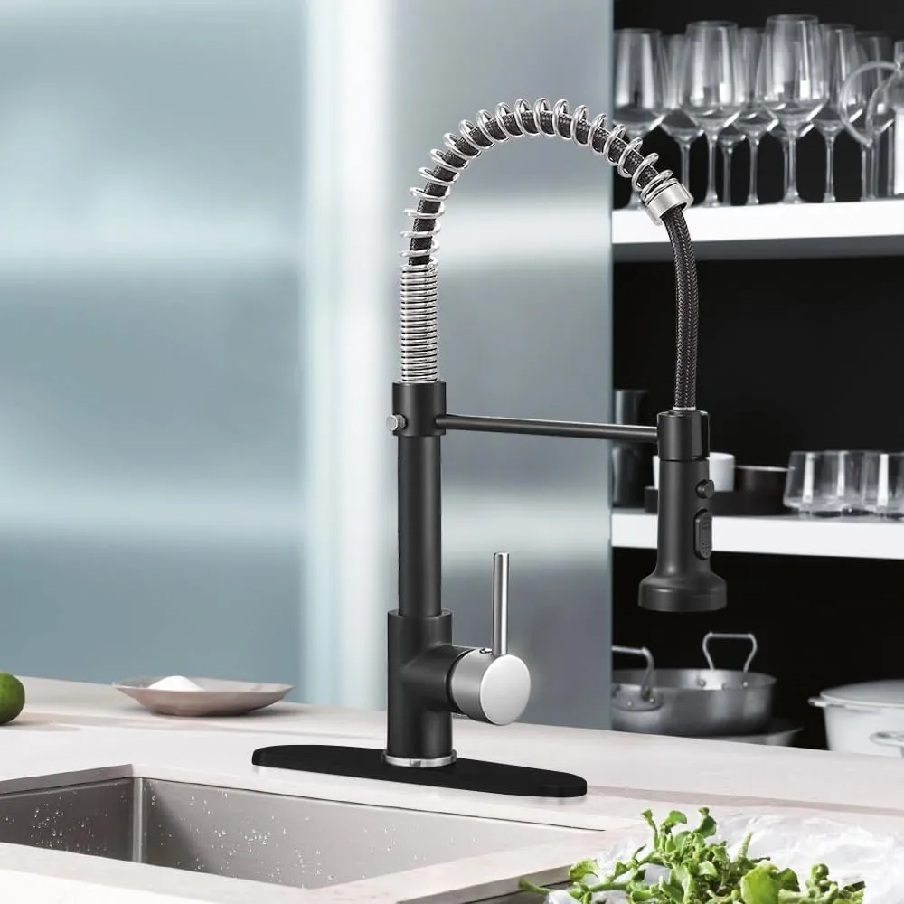 Hoimpro Matte Black&Brushed Nickel Spring Kitchen Faucet with Pull Down Sprayer, Rv Kitchen Sink Faucet with Pull Out Sprayer