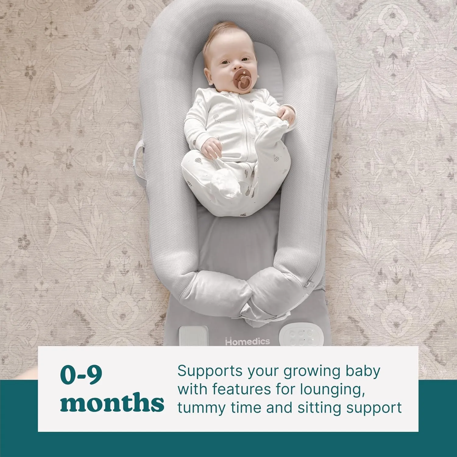 Homedics 3-in-1 Calming Baby Cushion, Soothing Comfort for Newborns & Infants, Snuggling Sensation, Sound and Vibration, Designed for Safety, Cordless, Rechargeable & Machine-Washable, Gray