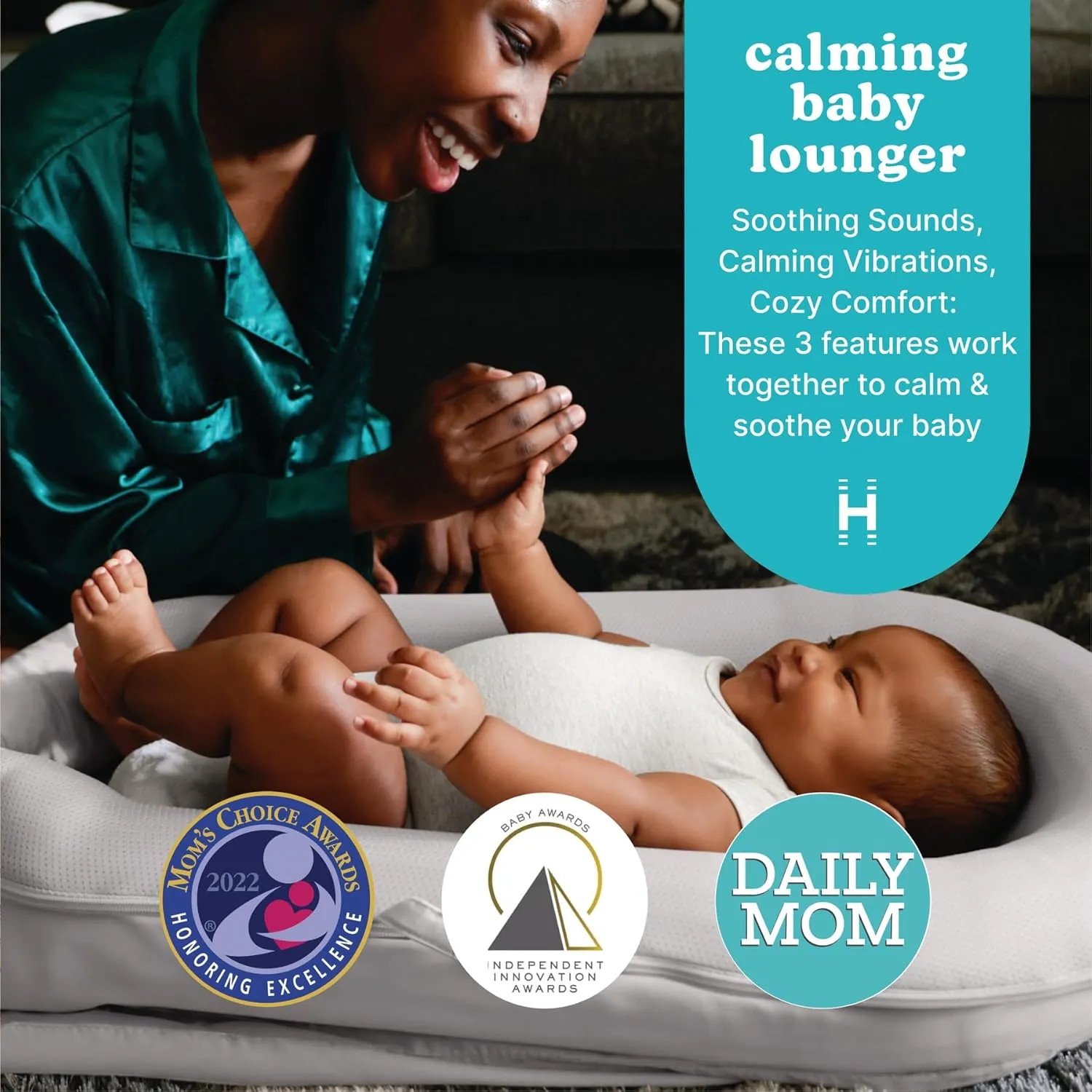 Homedics 3-in-1 Calming Baby Cushion, Soothing Comfort for Newborns & Infants, Snuggling Sensation, Sound and Vibration, Designed for Safety, Cordless, Rechargeable & Machine-Washable, Gray