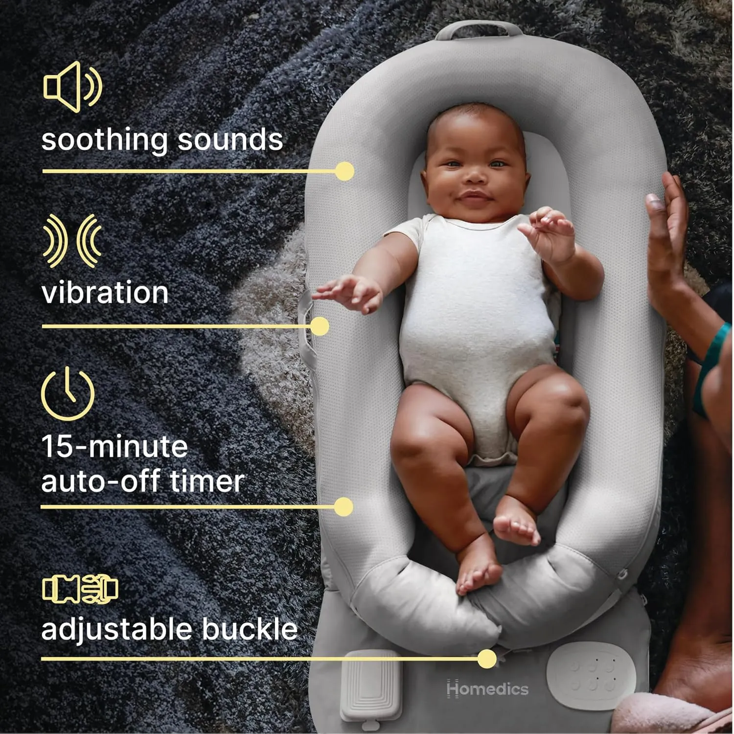 Homedics 3-in-1 Calming Baby Cushion, Soothing Comfort for Newborns & Infants, Snuggling Sensation, Sound and Vibration, Designed for Safety, Cordless, Rechargeable & Machine-Washable, Gray
