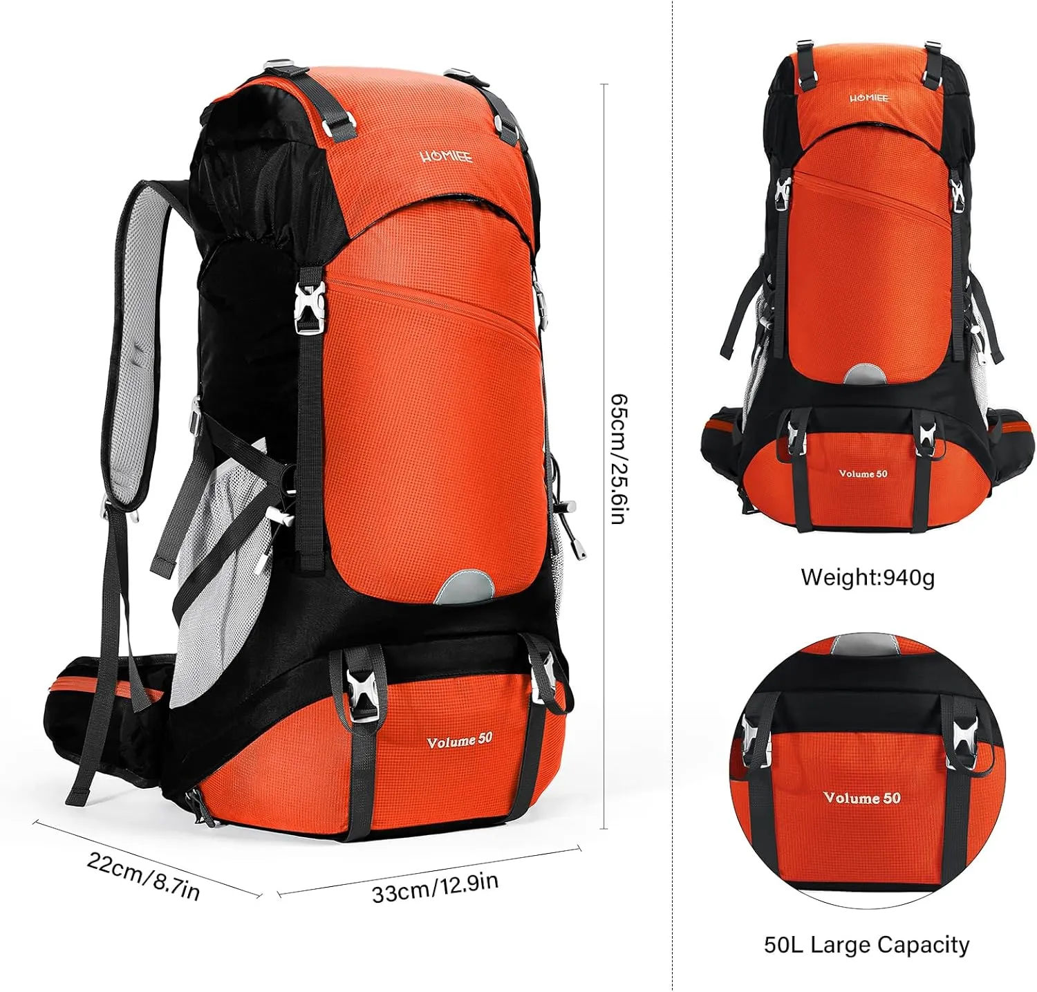 HOMIEE 50L Hiking Backpack Travel Bag Waterproof Camping Rucksack with Rain Cover Lightweight Backpacking Backpack
