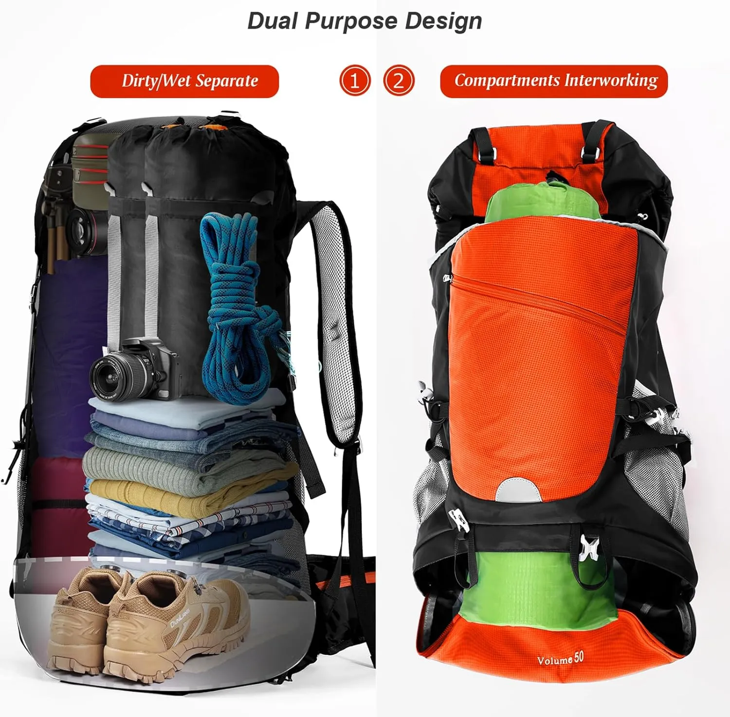 HOMIEE 50L Hiking Backpack Travel Bag Waterproof Camping Rucksack with Rain Cover Lightweight Backpacking Backpack
