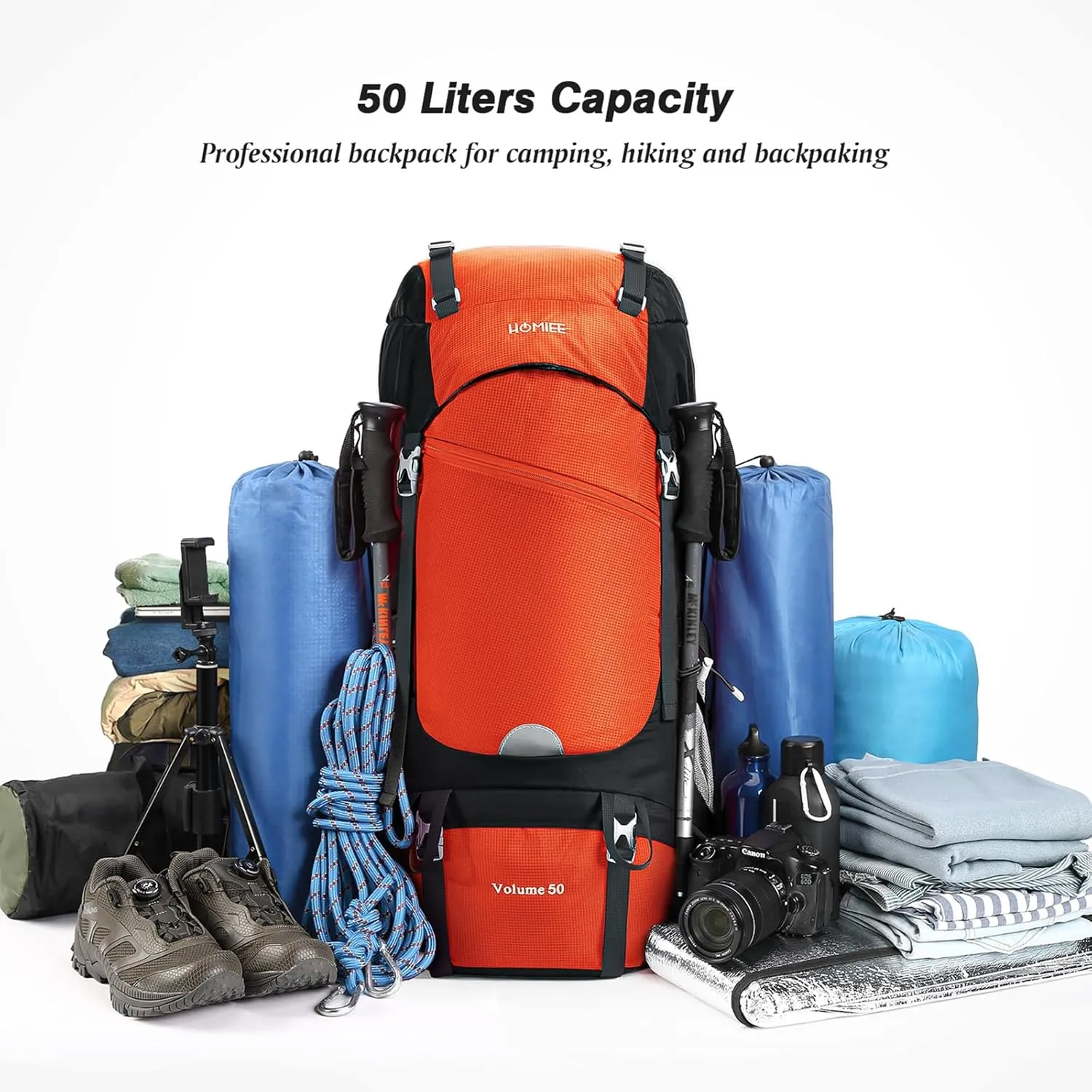 HOMIEE 50L Hiking Backpack Travel Bag Waterproof Camping Rucksack with Rain Cover Lightweight Backpacking Backpack
