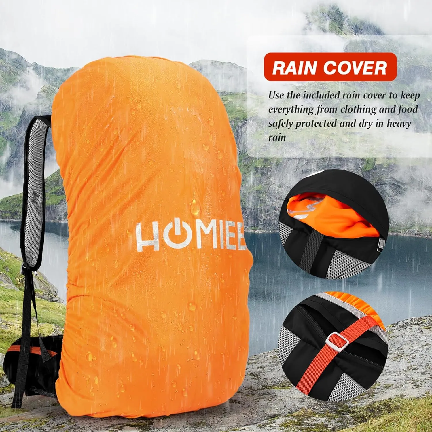 HOMIEE 50L Hiking Backpack Travel Bag Waterproof Camping Rucksack with Rain Cover Lightweight Backpacking Backpack