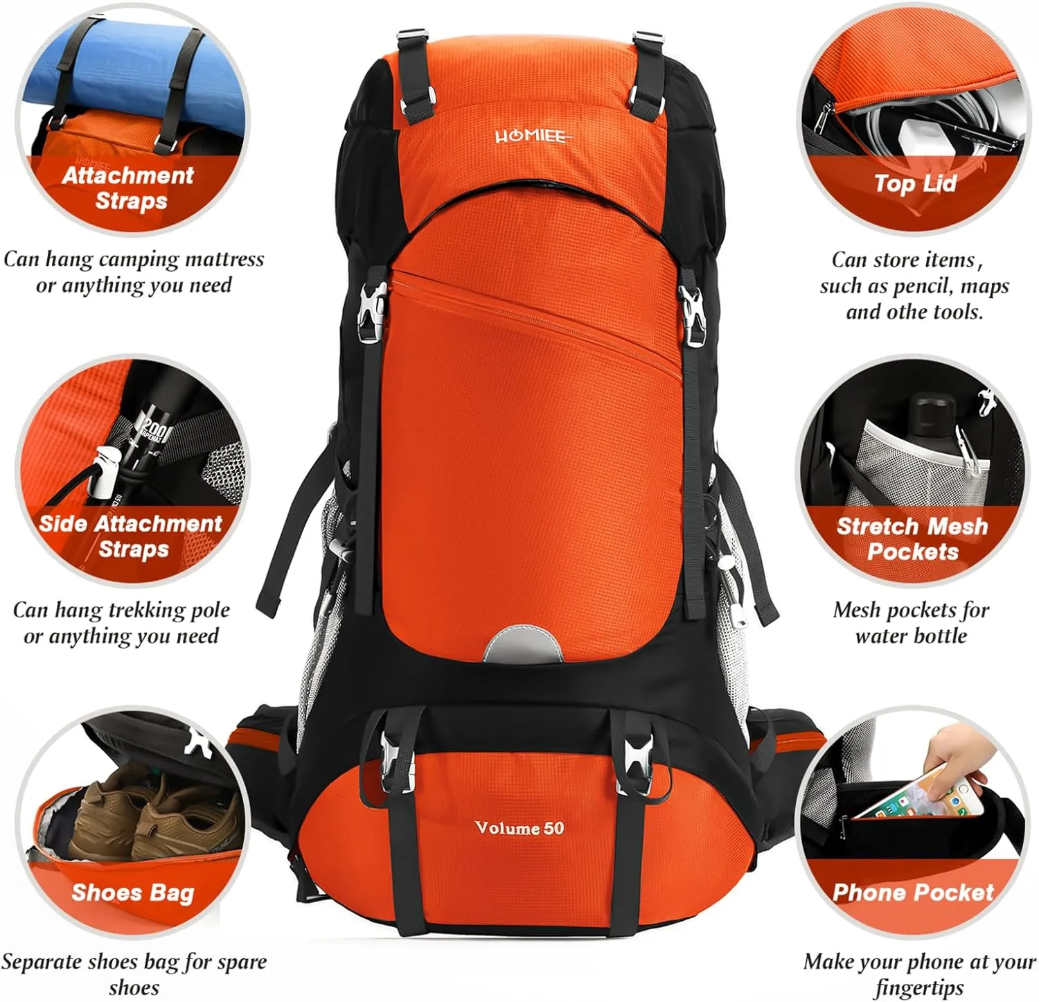 HOMIEE 50L Hiking Backpack Travel Bag Waterproof Camping Rucksack with Rain Cover Lightweight Backpacking Backpack