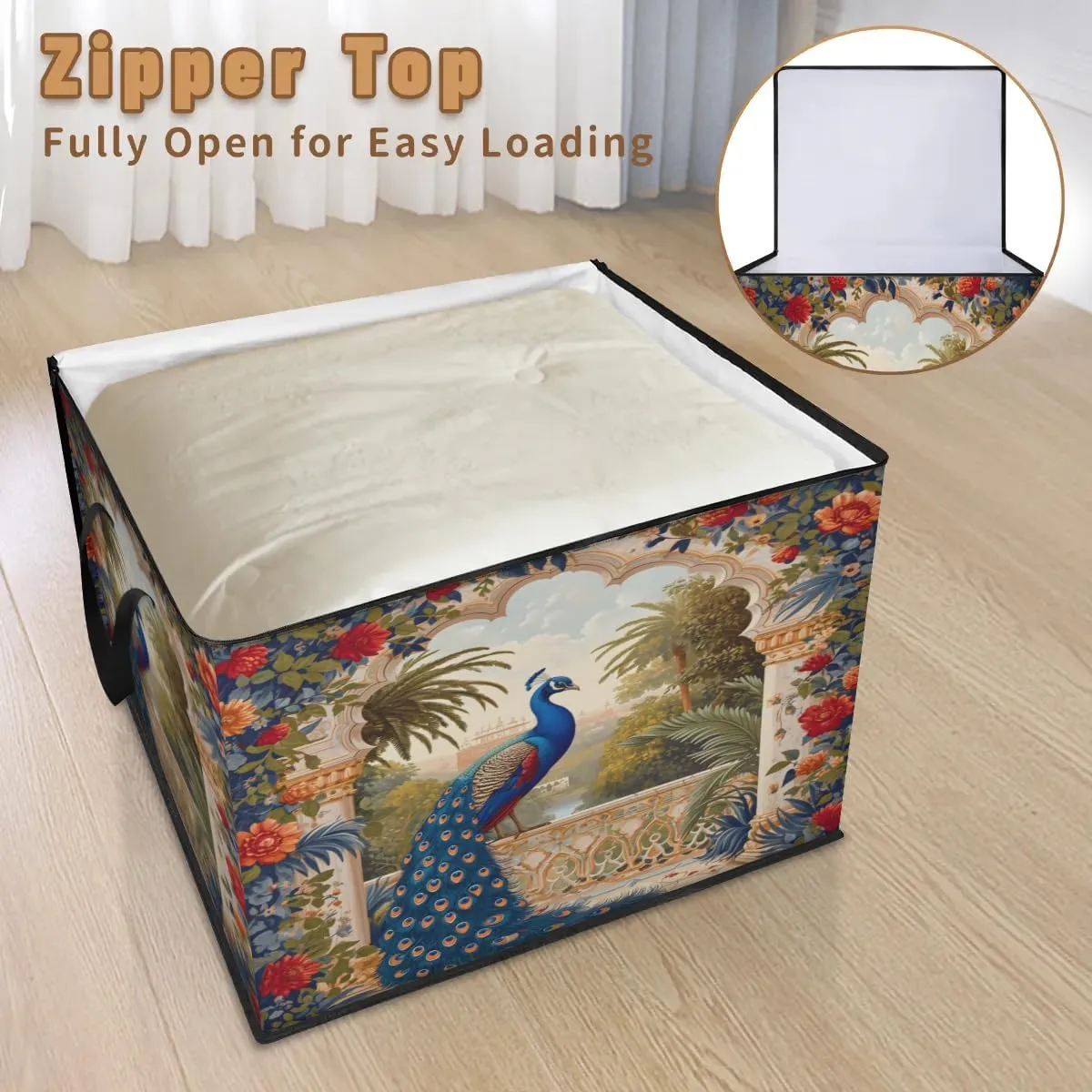 Honeybaby 214L Extra Large Comforter Storage Bag Noble Peacock Storage Totes with Lids Waterproof Closet Organizer Folding Blanket Storage Bags for Clothes Bedding Pillows
