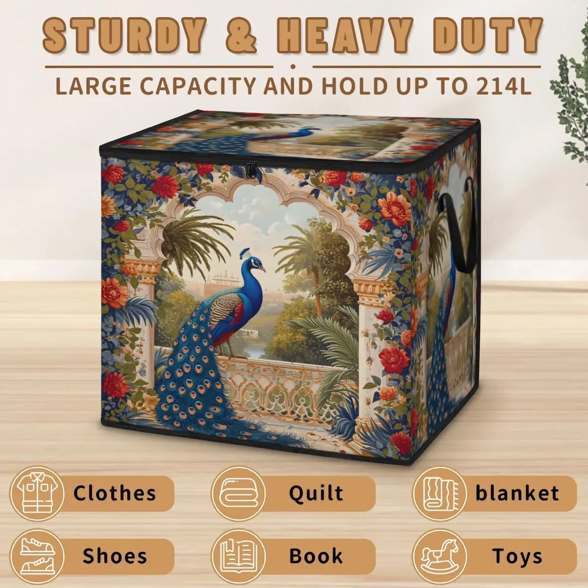 Honeybaby 214L Extra Large Comforter Storage Bag Noble Peacock Storage Totes with Lids Waterproof Closet Organizer Folding Blanket Storage Bags for Clothes Bedding Pillows