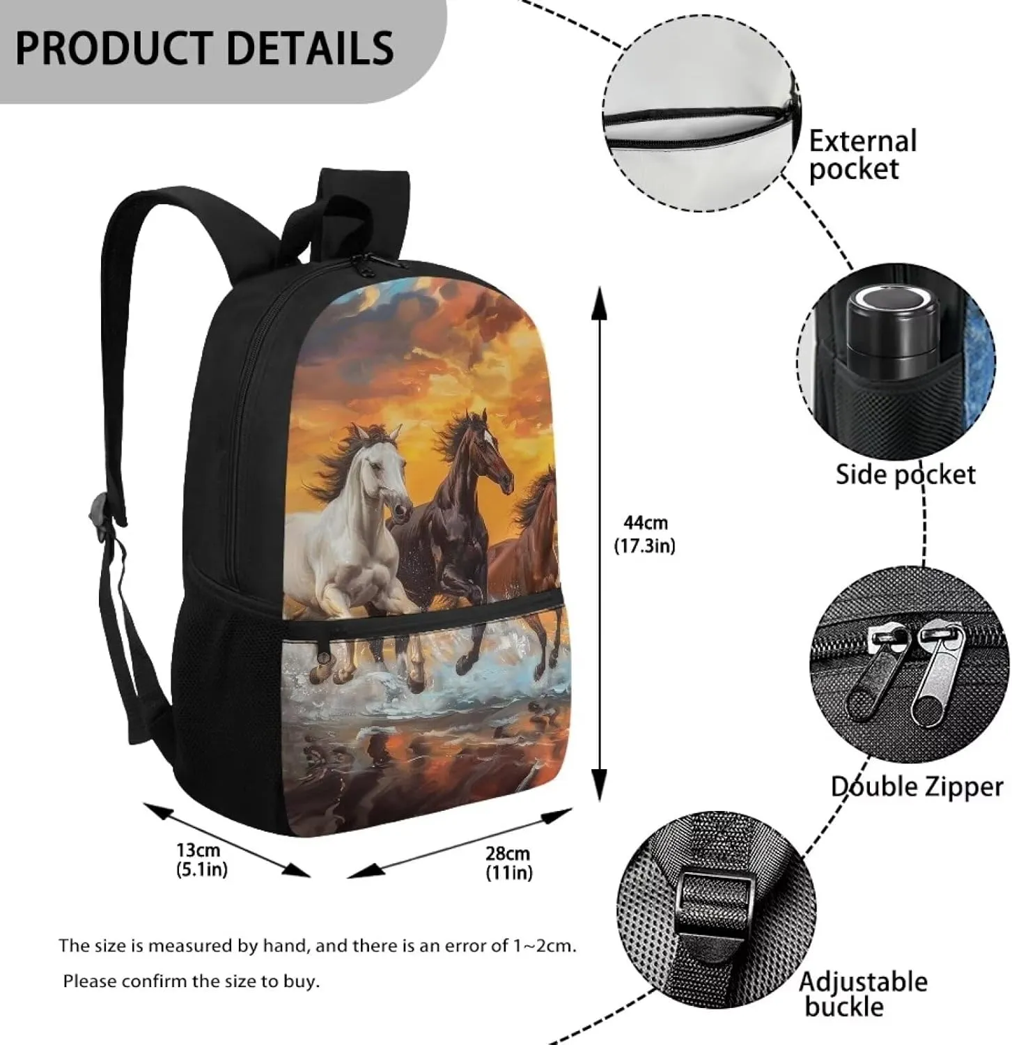 Horse Backpack for Girls 10-12 Elementary School Student Bag School Bag with Water Bottle Pocket Kids Book Bags for Boys 9-12 Back to School Animal School Bags for Middle School