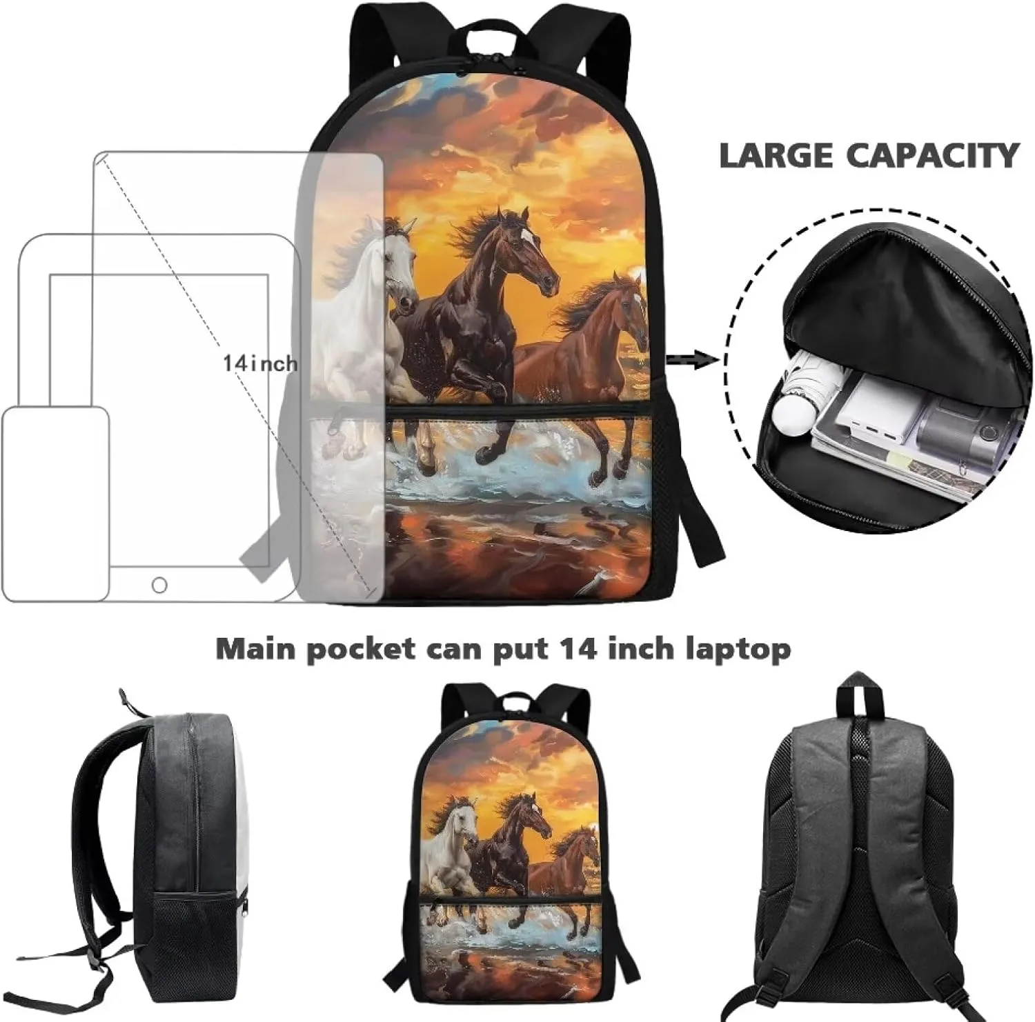Horse Backpack for Girls 10-12 Elementary School Student Bag School Bag with Water Bottle Pocket Kids Book Bags for Boys 9-12 Back to School Animal School Bags for Middle School