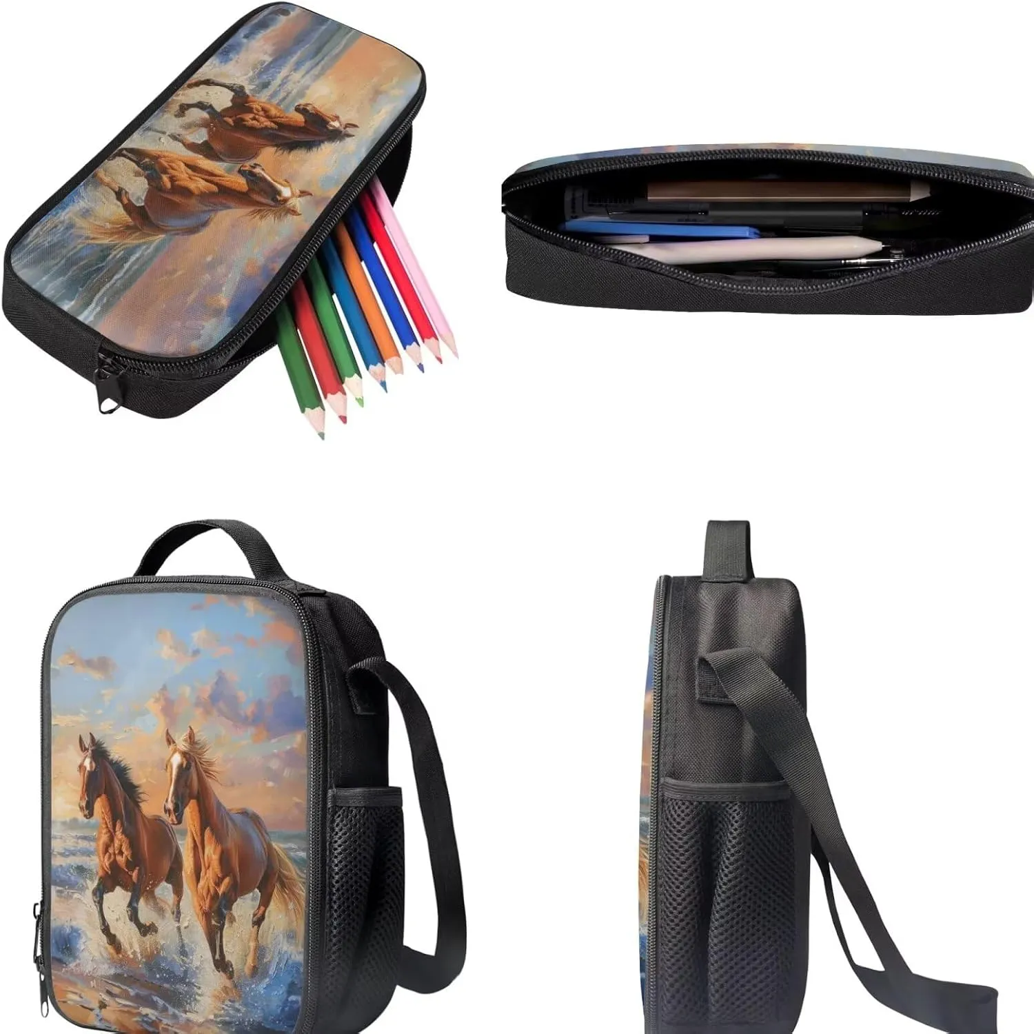 Horse School Bag for Girls 8 10 Year Old with Lunch Box Middle School Backpacks Lunch Bag Pencil Case for Kids 5th Grade Bookbags and Lunchbox Large Capacity School Bags Lunchbag