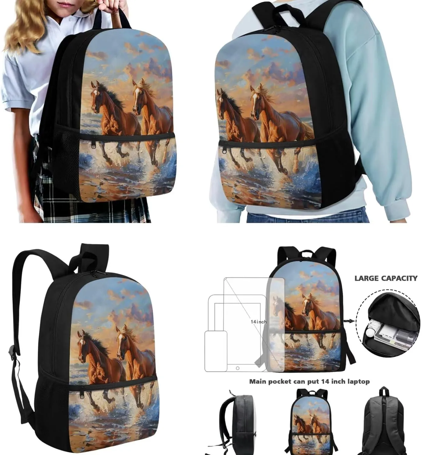 Horse School Bag for Girls 8 10 Year Old with Lunch Box Middle School Backpacks Lunch Bag Pencil Case for Kids 5th Grade Bookbags and Lunchbox Large Capacity School Bags Lunchbag