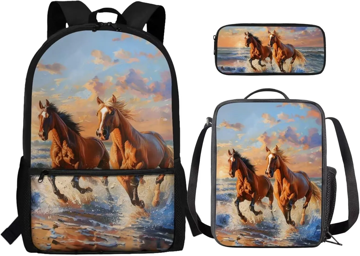 Horse School Bag for Girls 8 10 Year Old with Lunch Box Middle School Backpacks Lunch Bag Pencil Case for Kids 5th Grade Bookbags and Lunchbox Large Capacity School Bags Lunchbag