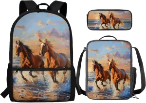 Horse School Bag for Girls 8 10 Year Old with Lunch Box Middle School Backpacks Lunch Bag Pencil Case for Kids 5th Grade Bookbags and Lunchbox Large Capacity School Bags Lunchbag