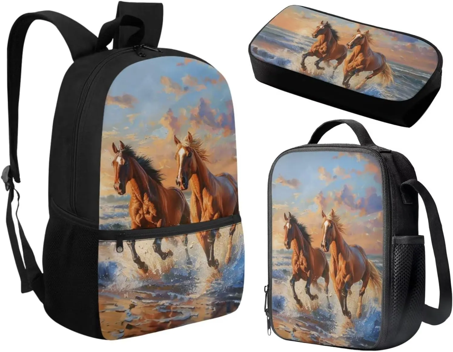 Horse School Bag for Girls 8 10 Year Old with Lunch Box Middle School Backpacks Lunch Bag Pencil Case for Kids 5th Grade Bookbags and Lunchbox Large Capacity School Bags Lunchbag