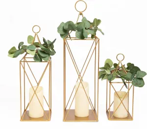 HPC Decor Tall Metal Lantern Decor Set of 3-24" 19" 13" Elegant Decorative Lanterns with Garlands-Modern Gold Candle Lanterns for Garden Porch Decor,Indoor/Outdoor for Wedding Décor,Party,Home Decor.