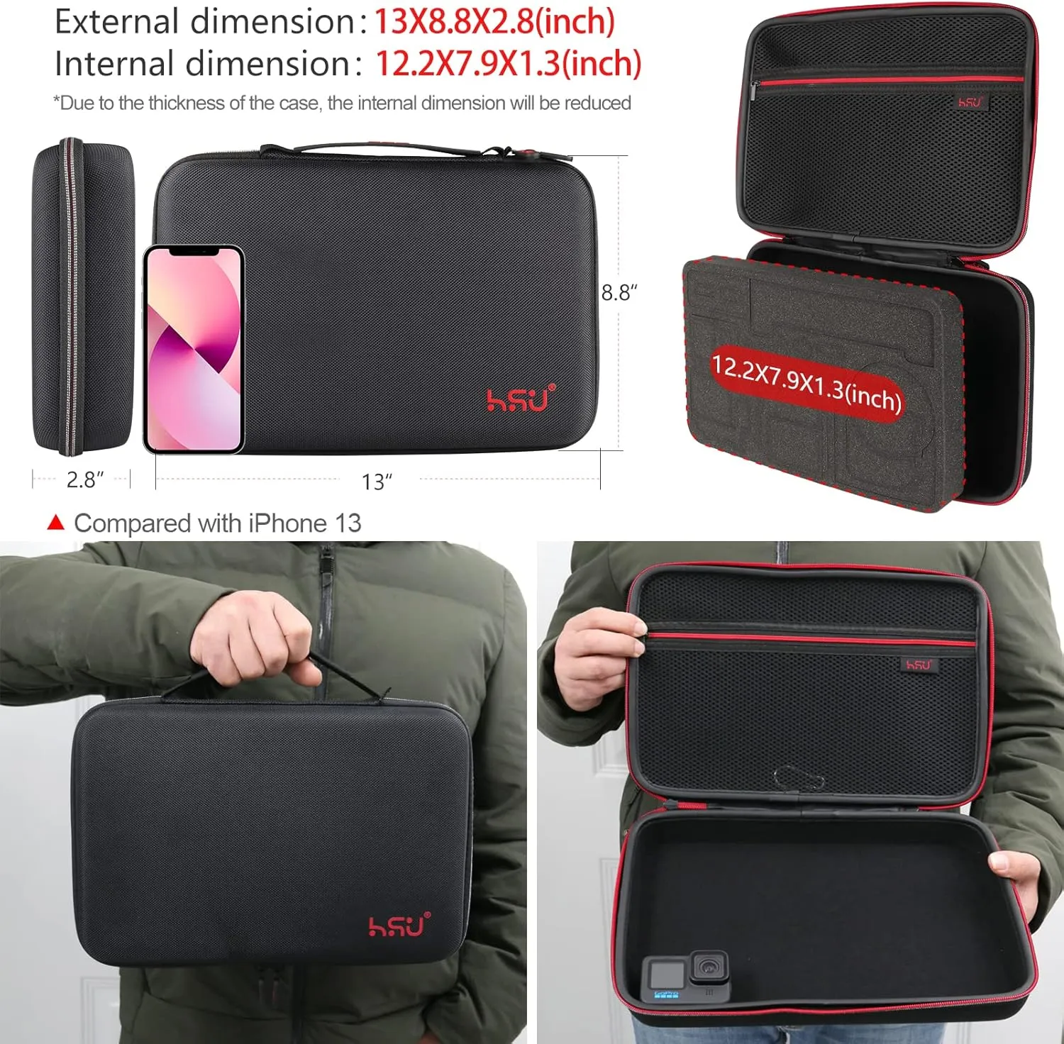 HSU Carrying Case for GoPro Hero 13, 12, 11, 10, 9, 8, 7, 6, 5 Black, AKASO Campark and Accessories, GoPro Travel Case with Fully Customizable Interior, Action Camera Storage Bag（Large）