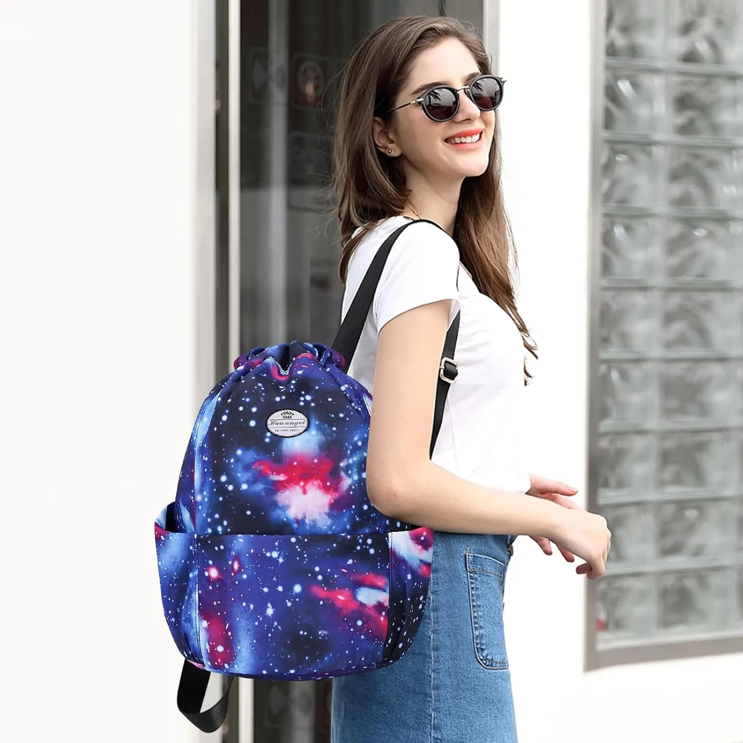 HUA ANGEL Floral Print Drawstring Bag - Lightweight Waterproof Cinch Sackpack with Side Pocket for Men & Women Travel Gym Bag