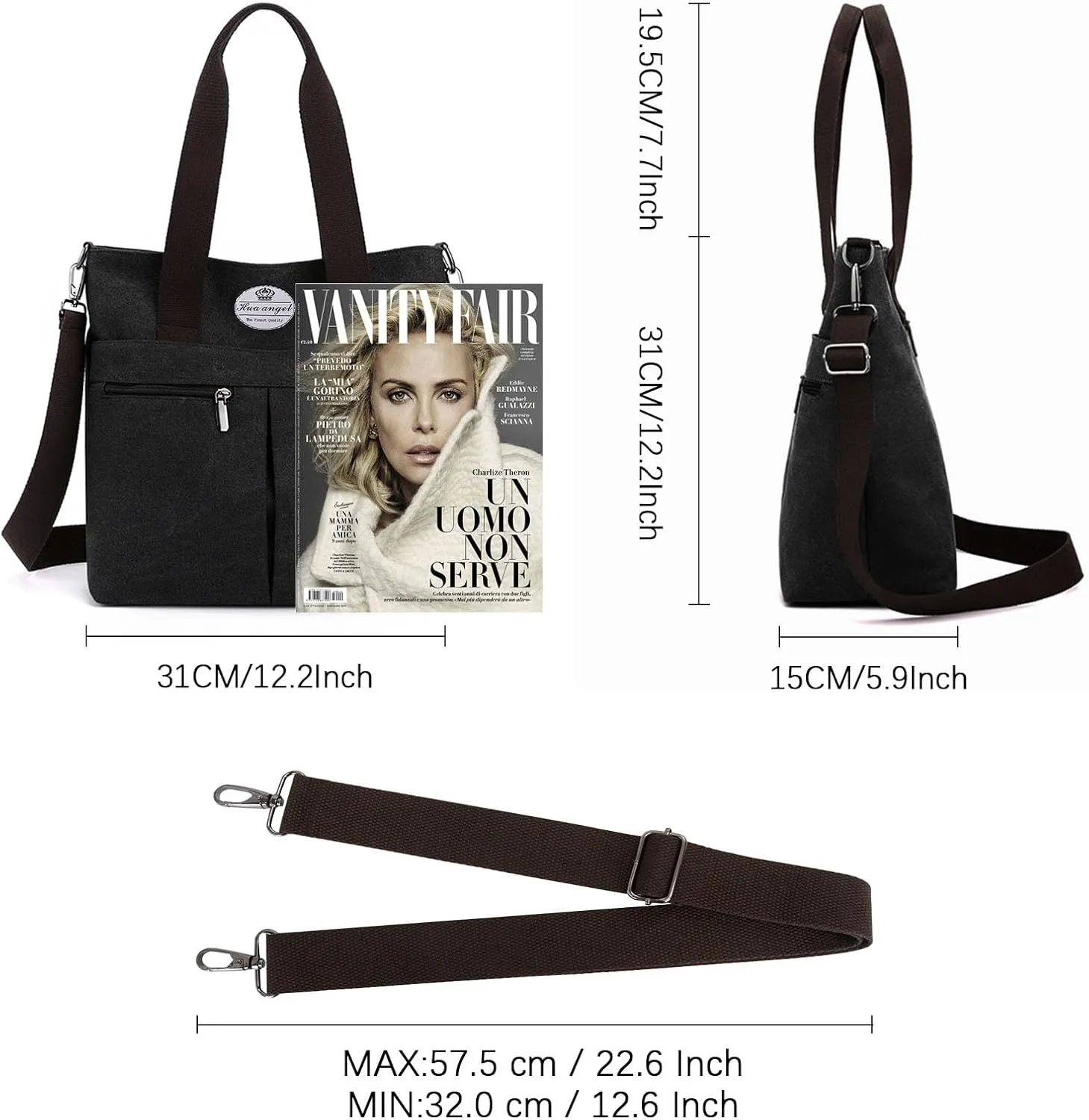 HUA ANGEL Women's Canvas Tote Bag Lightweight Crossbody Purse Multi-Pocket Durable Handbags for Work College Shopping Beach