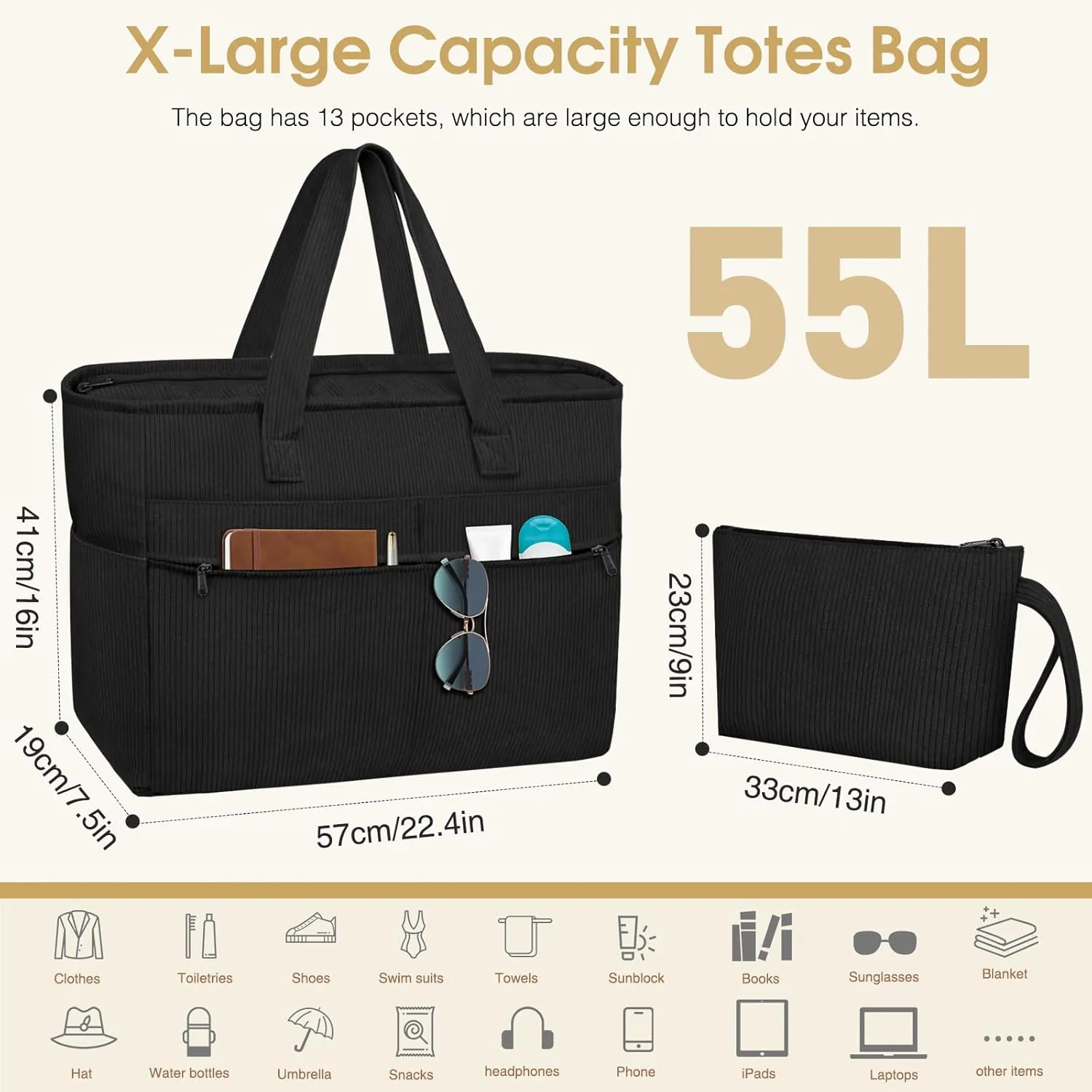 HUANLANG Extra Large Beach Bag Waterproof Beach Totes Bags for Women Men,Pool Bag with Zipper Wet Pocket