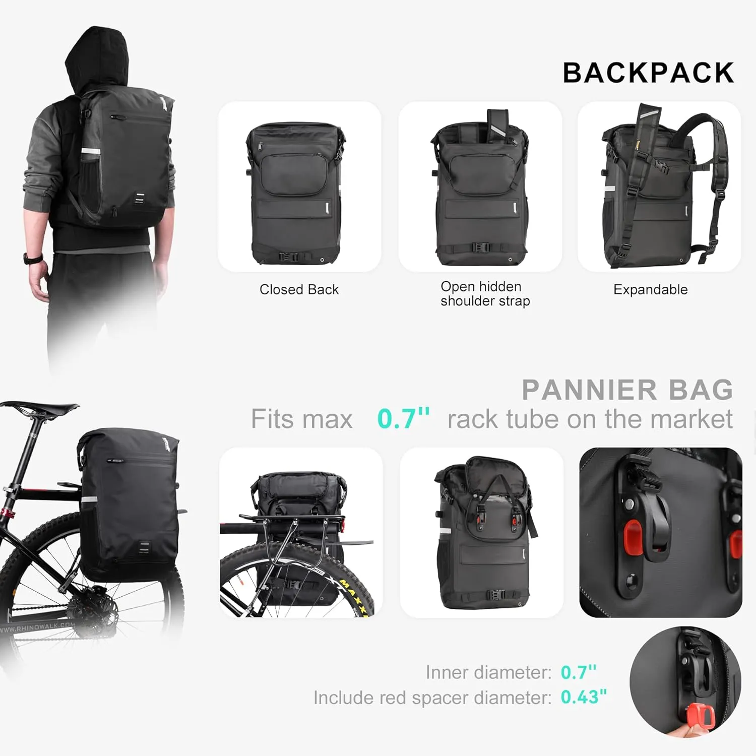 HUNTVP Bike Pannier Bag Backpack Multifunctional Bicycle Bag Cycling Bicycle Rear Seat Trunk Pack Bag Bike Saddle Bag Backseat Pack Bag with Helmet Cover (Black)