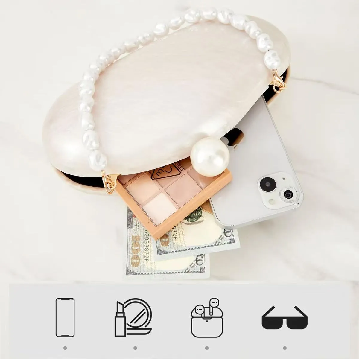 Huralona Acrylic Evening Clutch Purses for Women Shell Handbag Chic Clutch Bag With Baroque Irregular Pearl Chain Strap