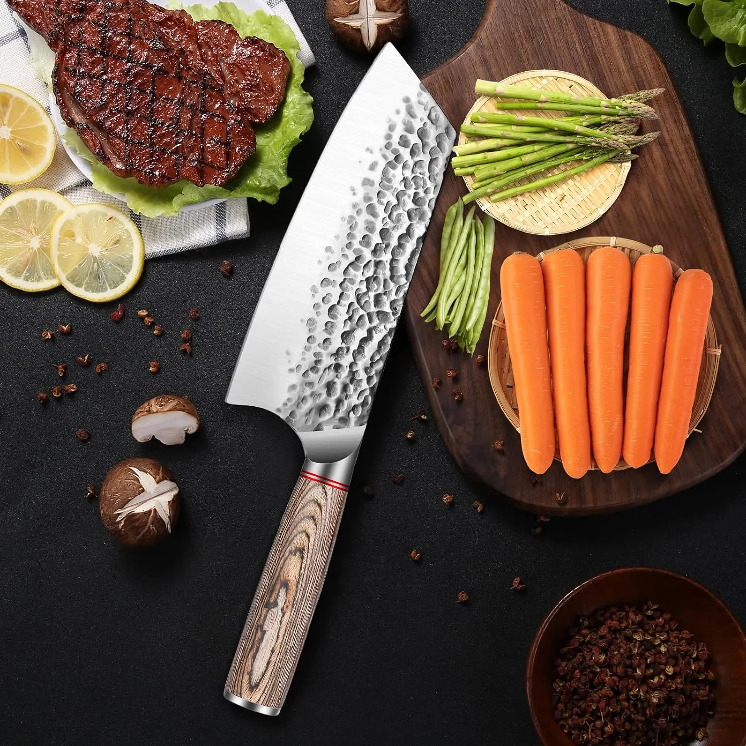 Huusk kitchen knives, 7.7-Inch Japanese Cleaver Knife Professional High Carbon Steel Butcher Knife for Vegetable Meat Cleavers with Wood Handle for Family Restaurant