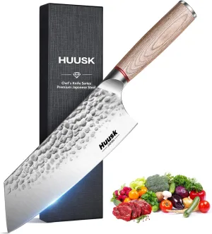 Huusk kitchen knives, 7.7-Inch Japanese Cleaver Knife Professional High Carbon Steel Butcher Knife for Vegetable Meat Cleavers with Wood Handle for Family Restaurant