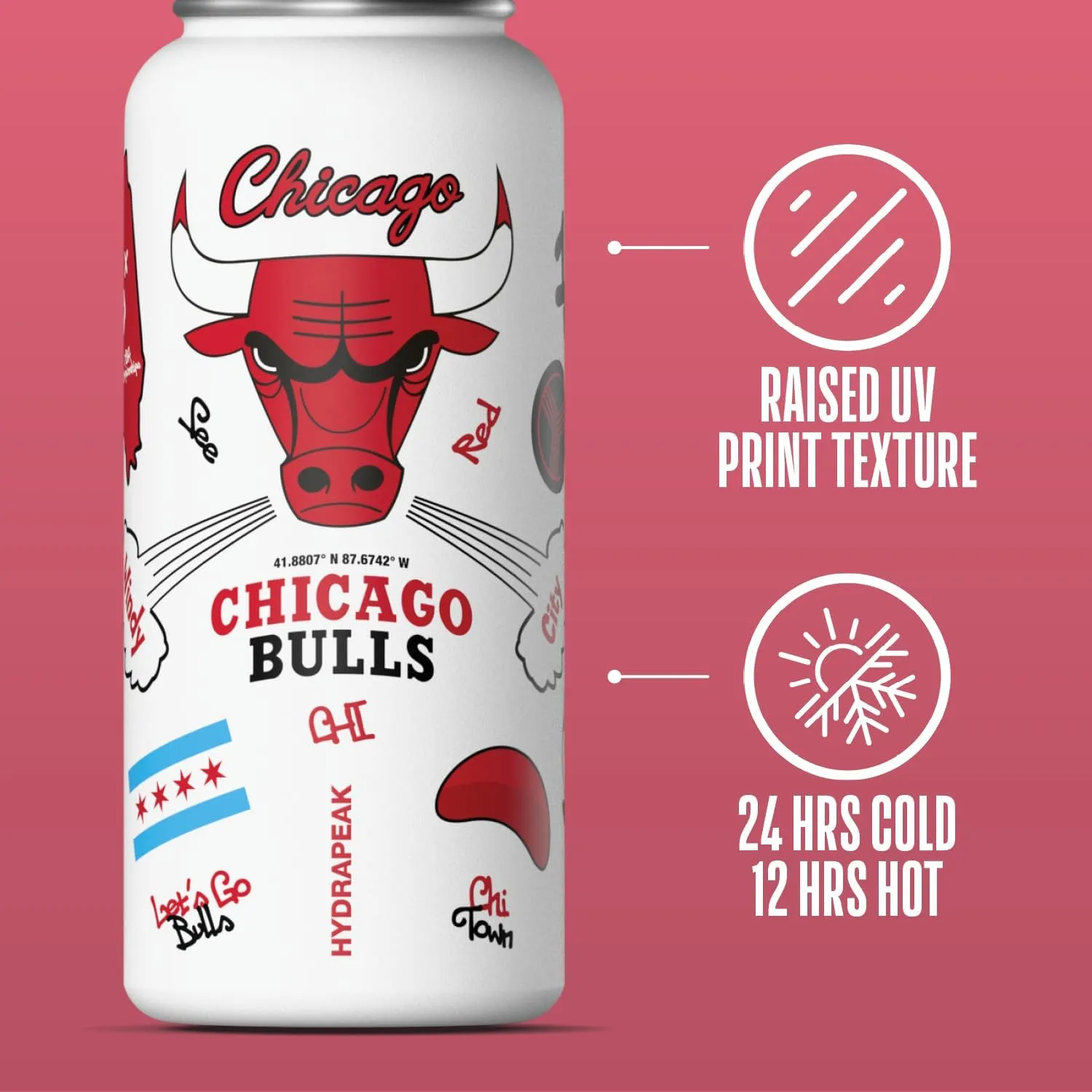 Hydrapeak x NBA Officially Licensed 32 oz Active Water Bottle with Chug Lid Reusable Stainless Steel Double Wall Insulated Sports Gift (Chicago Bulls)