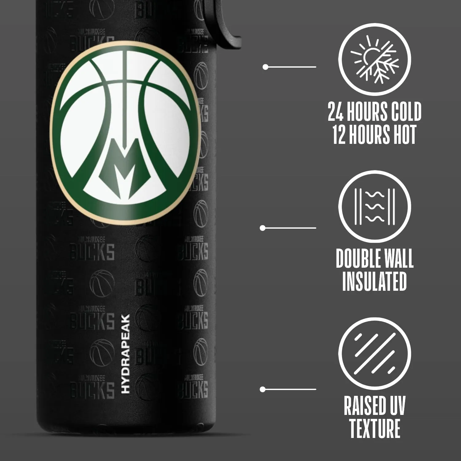 Hydrapeak x NBA Officially Licensed Milwaukee Bucks 26 oz Active Water Bottle with Chug Lid and Handle Reusable Stainless Steel Double Wall Insulated Sports Gift