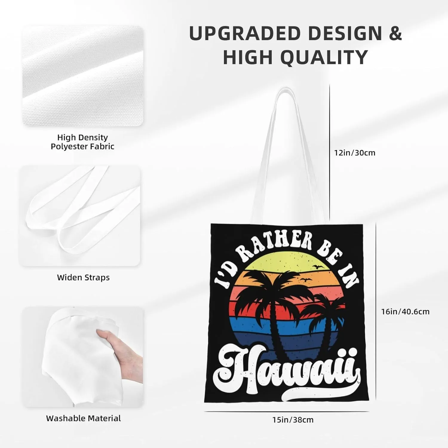 I'd Rather Be In Hawaii Canvas Tote Bag for Women Reusable Grocery Shoulder Bags Shopping Handbags