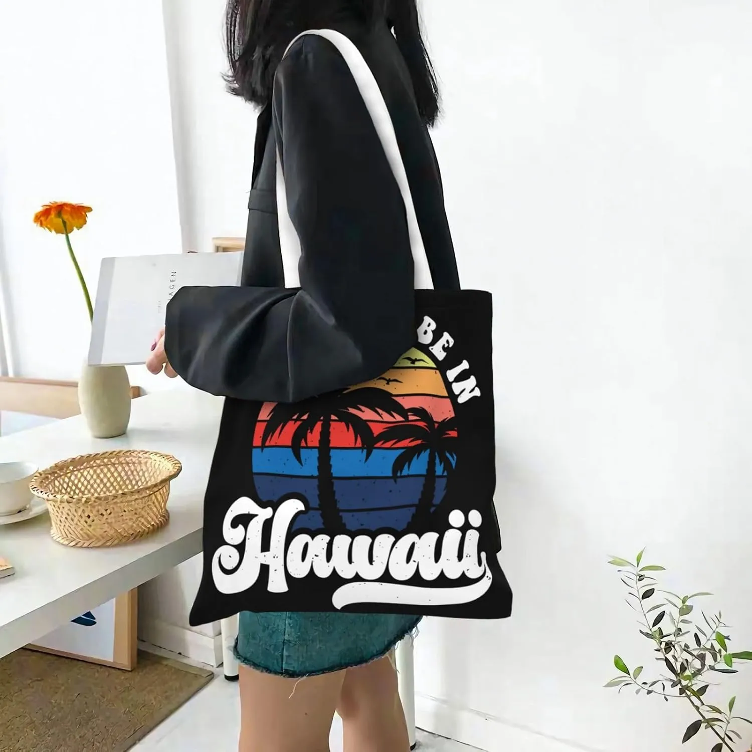 I'd Rather Be In Hawaii Canvas Tote Bag for Women Reusable Grocery Shoulder Bags Shopping Handbags