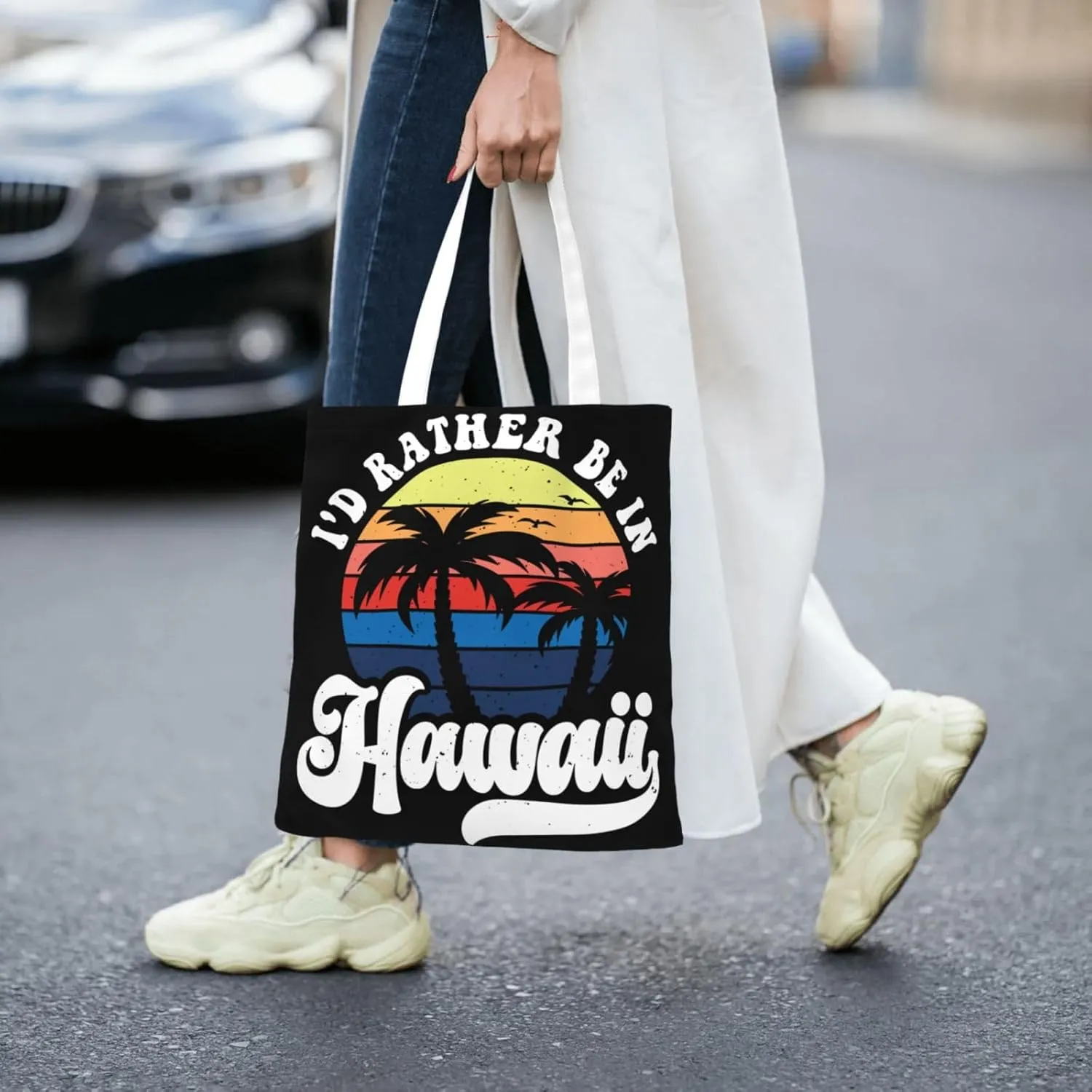 I'd Rather Be In Hawaii Canvas Tote Bag for Women Reusable Grocery Shoulder Bags Shopping Handbags