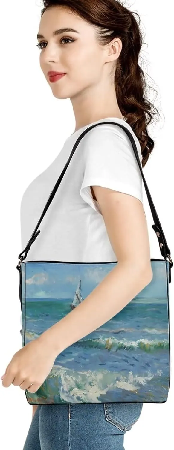 Impression Artwork Buckets Satchel Bags for Women, Painting PU Leather Crossbody Hobo Purses Tote Work Top Handle